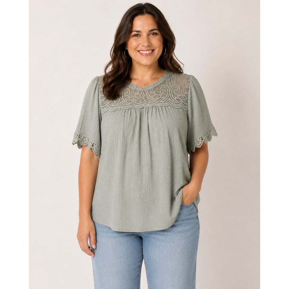 Perch by Blu Pepper 1X Sage Green Textured Lace Yoke Boho Peasant Blouse Top